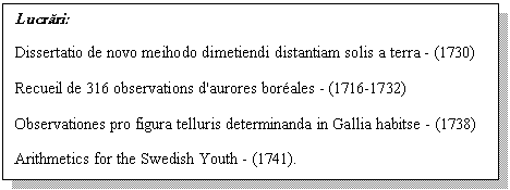 Text Box: Lucrari:
Dissertatio de novo meihodo dimetiendi distantiam solis a terra - (1730)
Recueil de 316 observations d'aurores borales - (1716-1732)
Observationes pro figura telluris determinanda in Gallia habitse - (1738)
Arithmetics for the Swedish Youth - (1741).
