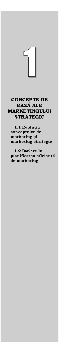 Text Box:  




CONCEPTE DE BAZA ALE MARKETINGULUI STRATEGIC

1.1 Evolutia conceptelor de marketing si marketing strategic

1.2 Bariere in planificarea eficienta de marketing
