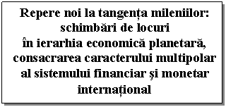 Text Box: Repere noi la tangenta mileniilor: schimbari de locuri
in ierarhia economica planetara, consacrarea caracterului multipolar al sistemului financiar si monetar international
