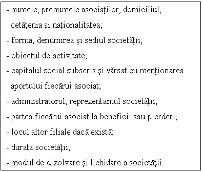 Text Box: - numele, prenumele asociatilor, domiciliul, cetatenia si nationalitatea;
- forma, denumirea si sediul societatii;
- obiectul de activitate;
- capitalul social subscris si varsat cu mentionarea aportului fiecarui asociat;
- administratorul, reprezentantul societatii;
- partea fiecarui asociat la beneficii sau pierderi;
- locul altor filiale daca exista;
- durata societatii;
- modul de dizolvare si lichidare a societatii.

