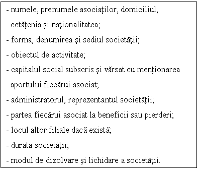 Text Box: - numele, prenumele asociatilor, domiciliul, cetatenia si nationalitatea;
- forma, denumirea si sediul societatii;
- obiectul de activitate;
- capitalul social subscris si varsat cu mentionarea aportului fiecarui asociat;
- administratorul, reprezentantul societatii;
- partea fiecarui asociat la beneficii sau pierderi;
- locul altor filiale daca exista;
- durata societatii;
- modul de dizolvare si lichidare a societatii.

