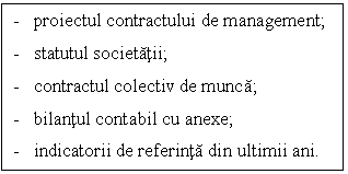 Text Box: - proiectul contractului de management;
- statutul societatii;
- contractul colectiv de munca;
- bilantul contabil cu anexe;
- indicatorii de referinta din ultimii ani.

