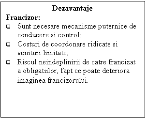 Text Box: Dezavantaje
Francizor:
q Sunt necesare mecanisme puternice de conducere si control;
q Costuri de coordonare ridicate si venituri limitate;
q Riscul neindeplinirii de catre francizat a obligatiilor, fapt ce poate deteriora imaginea francizorului.
