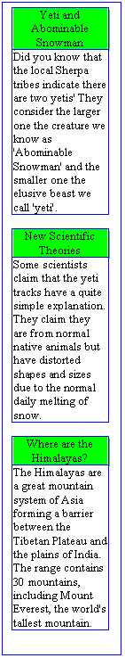 Text Box: Yeti and Abominable Snowman
Did you know that the local Sherpa tribes indicate there are two yetis' They consider the larger one the creature we know as 'Abominable Snowman' and the smaller one the elusive beast we call 'yeti'.

New Scientific Theories
Some scientists claim that the yeti tracks have a quite simple explanation. They claim they are from normal native animals but have distorted shapes and sizes due to the normal daily melting of snow.

Where are the Himalayas?
The Himalayas are a great mountain system of Asia forming a barrier between the Tibetan Plateau and the plains of India. The range contains 30 mountains, including Mount Everest, the world's tallest mountain.


