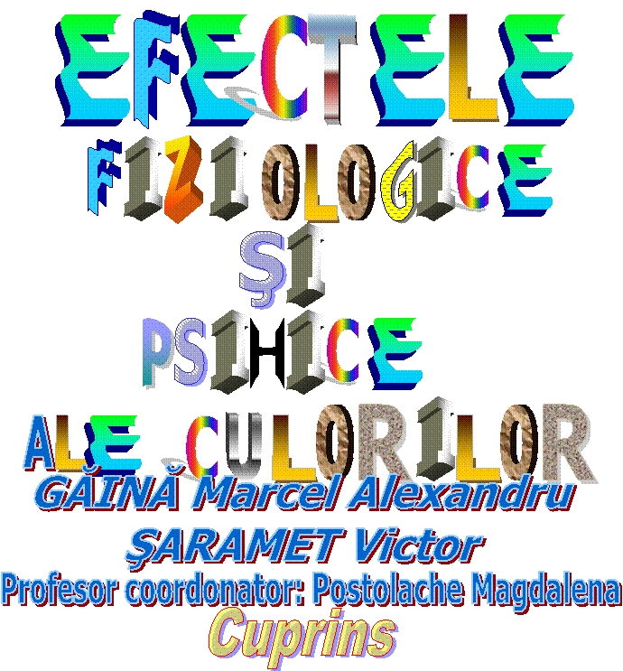 Cuprins,E,F,E,C,T,L,E,E,F,I,Z,I,o,L,o,G,C,I,E,S,I,P,S,I,H,C,E,I,A,L,E,C,U,L,o,R,I,L,o,R,GAINA Marcel Alexandru
SARAMET Victor,Profesor coordonator: Postolache Magdalena