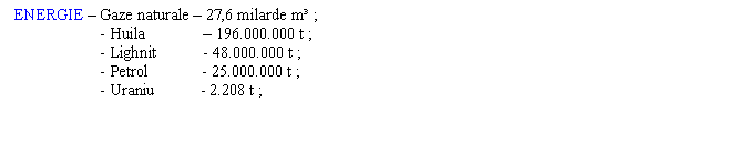 Text Box: ENERGIE - Gaze naturale - 27,6 milarde m ;
- Huila - 196.000.000 t ;
- Lighnit - 48.000.000 t ;
- Petrol - 25.000.000 t ;
- Uraniu - 2.208 t ;

