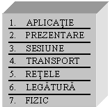 Text Box: 1.	APLICATIE
2.    PREZENTARE
3.	SESIUNE
4.	TRANSPORT
5.    RETELE
6.	LEGATURA
7.    FIZIC

