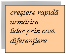 Text Box: crestere rapida
urmarire
lider prin cost
diferentiere
