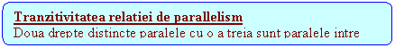 Rounded Rectangle: Tranzitivitatea relatiei de parallelism
Doua drepte distincte paralele cu o a treia sunt paralele intre ele.
